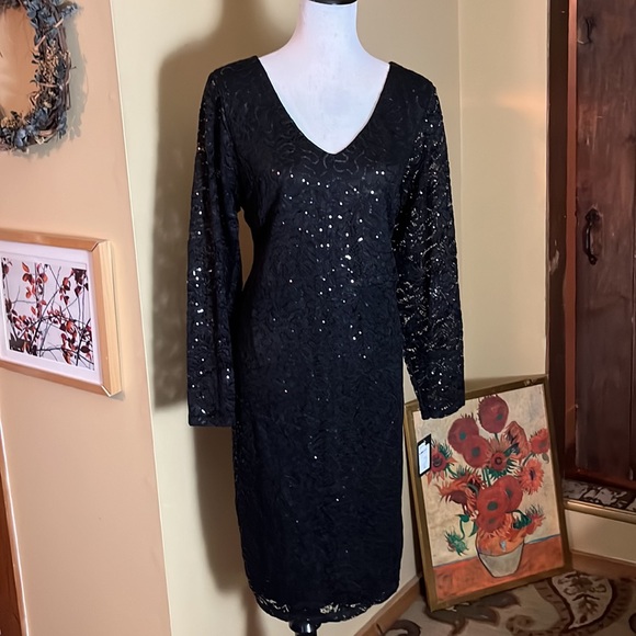 MARINA Size 20W Black Sequin Stretch Dual Layer VNeck Evening Party BlackTie NEW - Picture 2 of 16